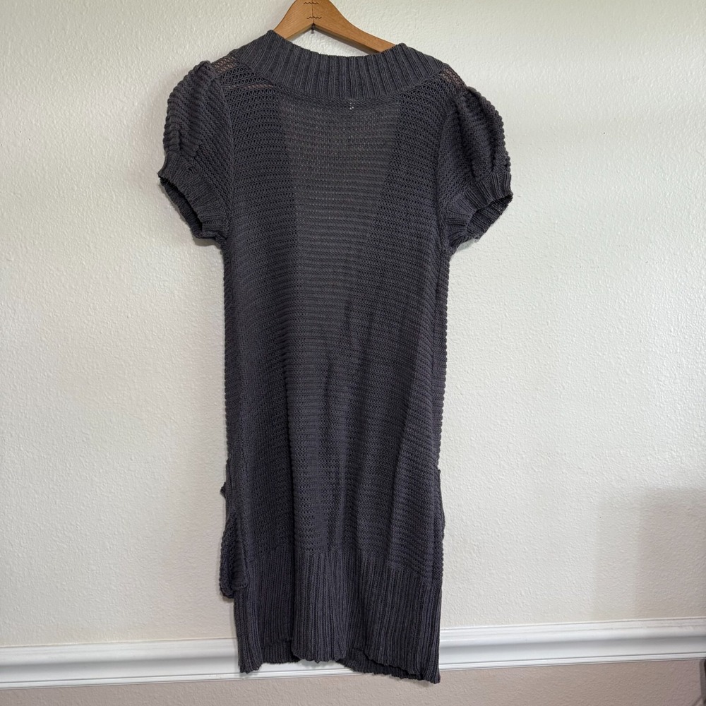 Free People Cardigan Women Medium Gray Knit Short Puff Sleeve One-Button Sweater - Picture 6 of 6